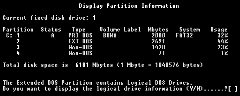  Overview of the physical disk partition with FDISK command 