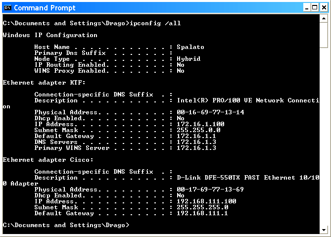  IPconfig /all - View of network settings 