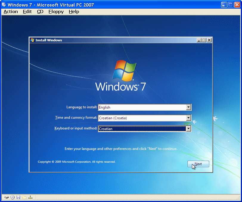  Start the installation of Windows 7 - Basic choice 