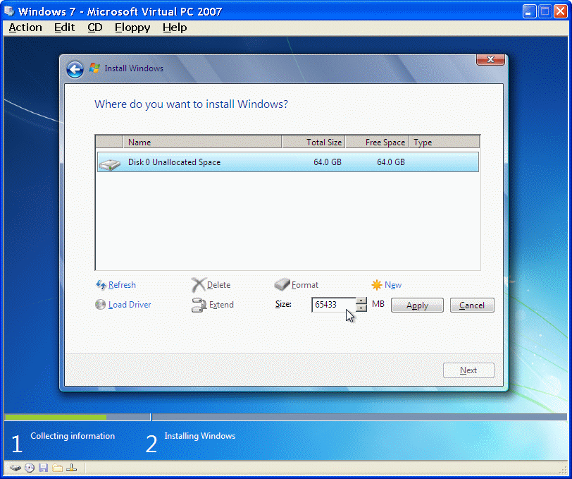  Determining the size of the first disk partition 