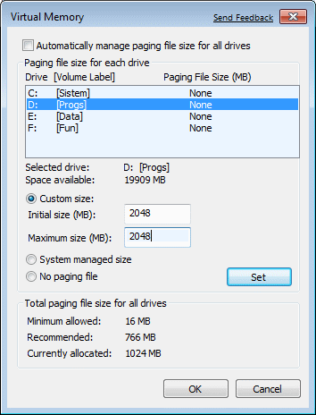  Set the virtual memory to another partition 