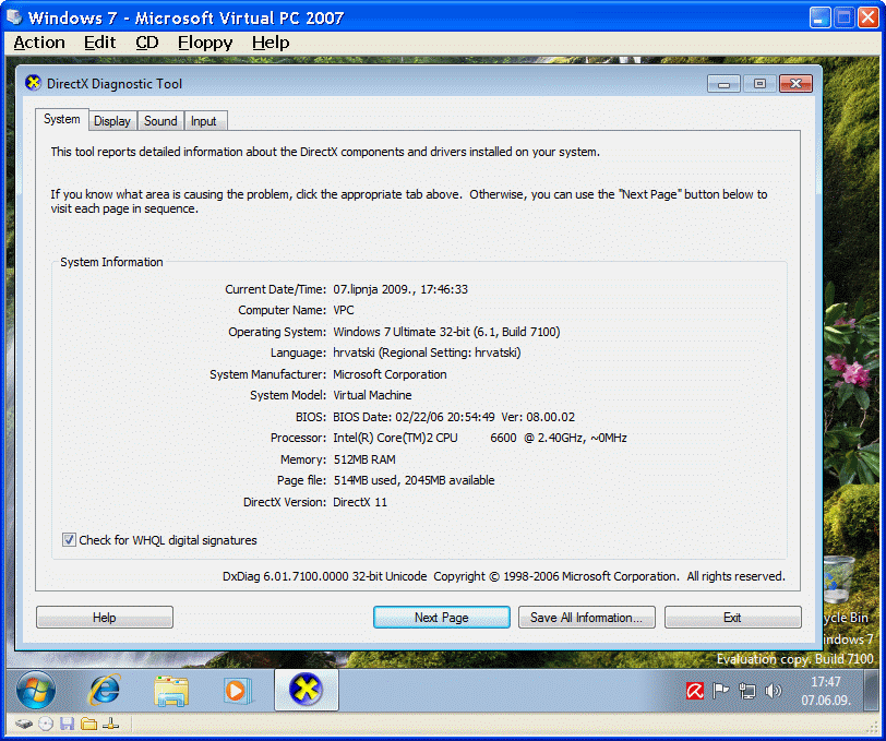  DirectX diagnostic 