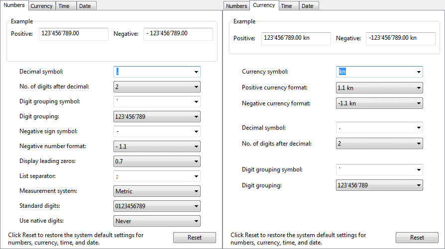  Regional numbers settings 