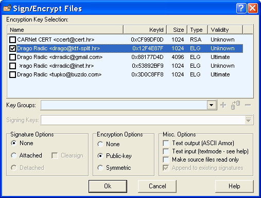  List of keys for Encryption / Decryption 
