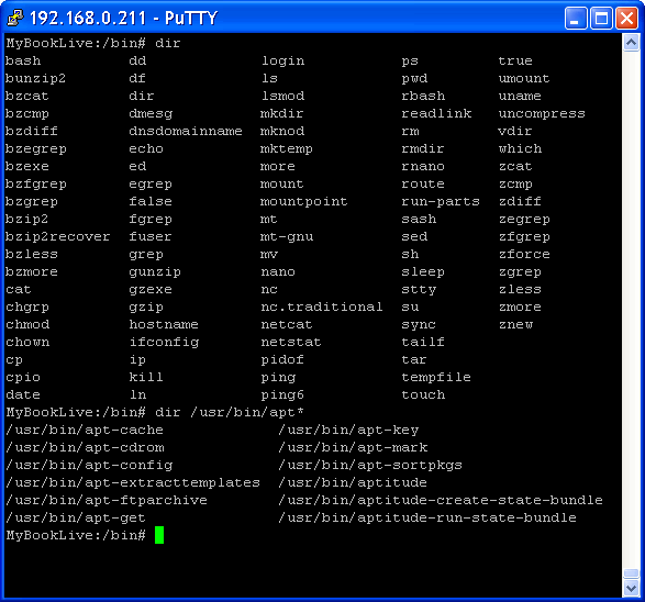  PuTTy window of 'My Book Live' - debian bin directory 