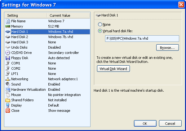  Virtual PC settings 